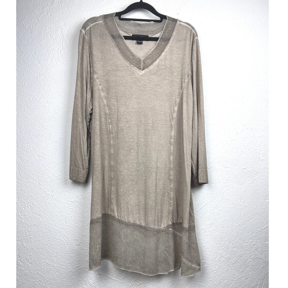 Charlie Paige Taupe Tunic Dress - L - Mineral Wash V-Neck 3/4 Sleeve Boho Tunic